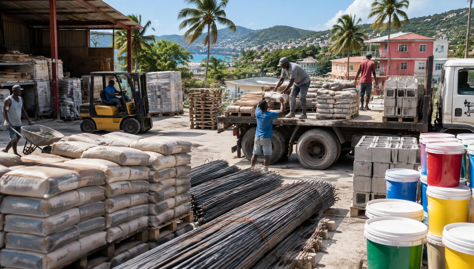 Workers loading cement bags, blocks and rebar onto a delivery truck at the depot