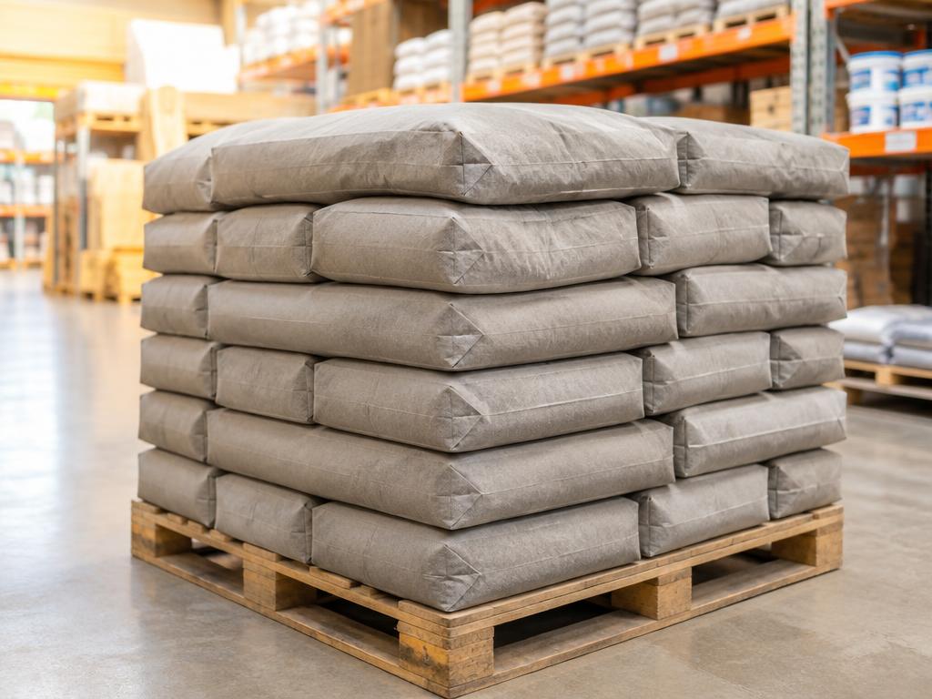 Pallet of cement bags stacked in the depot warehouse