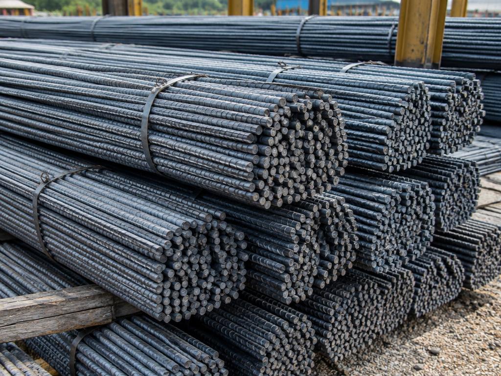 Bundles of ribbed steel rebar rods at the depot