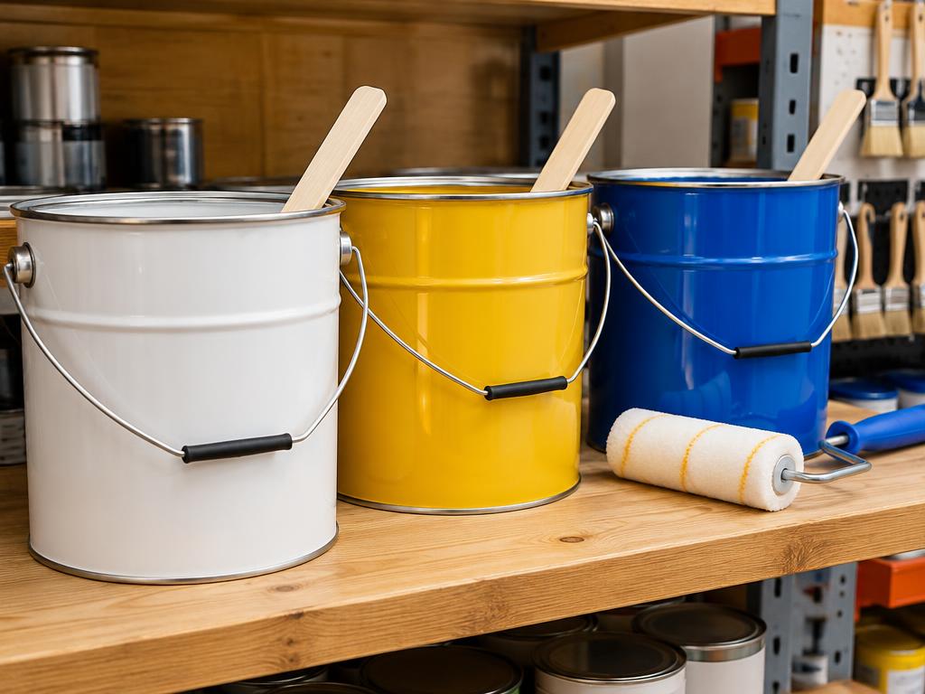 Metal paint buckets and rollers on a store shelf